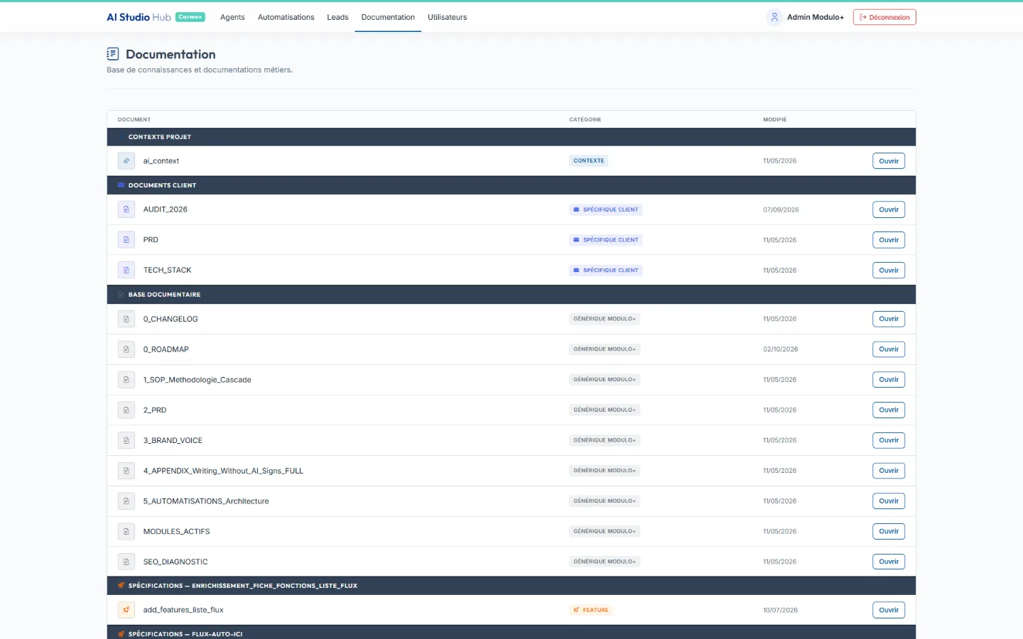 Modulo AI Studio : documentation d'un projet, organisée en contexte, documents client et spécifications