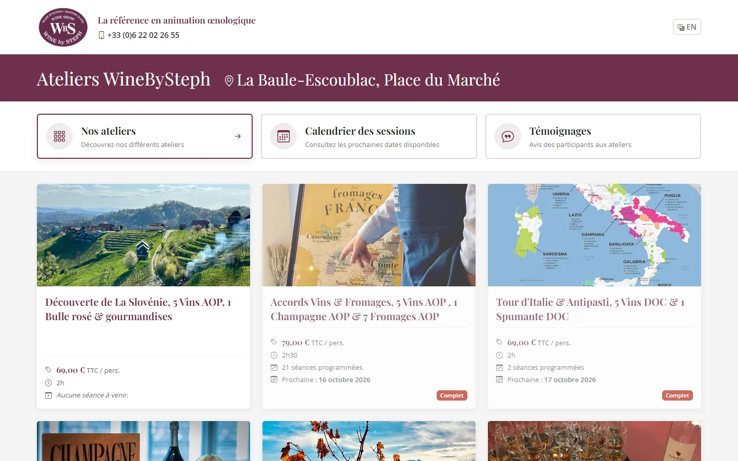 Site winebysteph.com, page des ateliers œnologiques